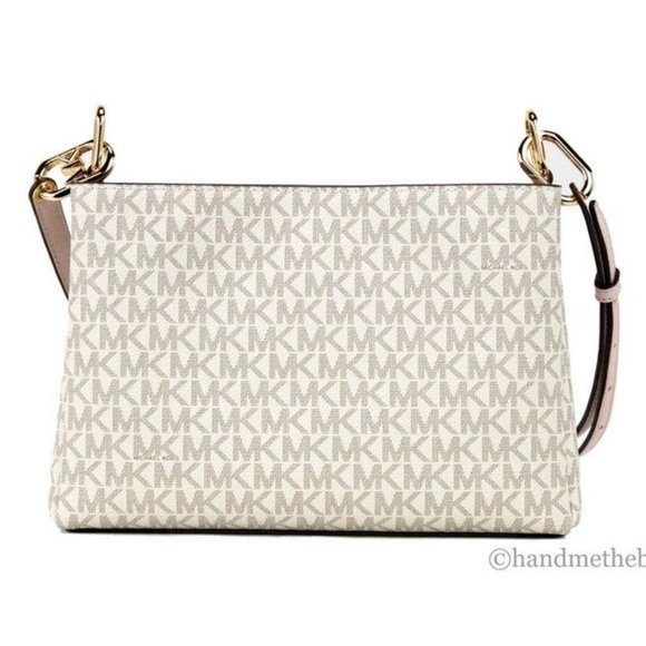 NEW Michael Kors Trisha Triple Compartment Crossbody Bag Vanilla Powder Pink PVC - Picture 4 of 13